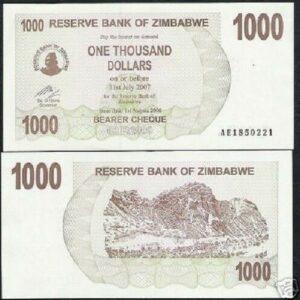 ZIMBABWE 1000 DOLLARS P44 2007 UNC
