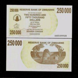 ZIMBABWE 250000 DOLLARS P50 2007 UNC